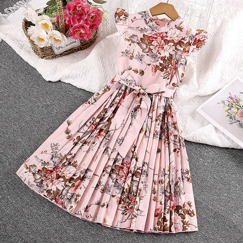 

Girl's Dresses Kids Floral Print Dress For Girls 2023 Summer O Neck Sleeveless Casual A-line Skirt With Belt Chiffon Clothes for Children 5-12Y AA230531, Ft12015-pink2