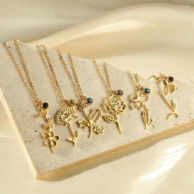 

Chains Birth Flower Necklace Stainless Steel For Women Girl Colorful Birthstone Pendants Necklaces Mothers Day Jewellery Gift