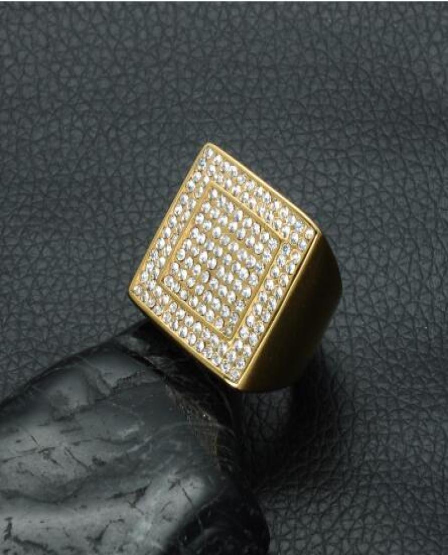 

HIP Hop IP Gold Filled Titanium Stainless Steel Micro Pave Rhinestone Iced Out Bling Big Square Rings for Men Jewelry4800734