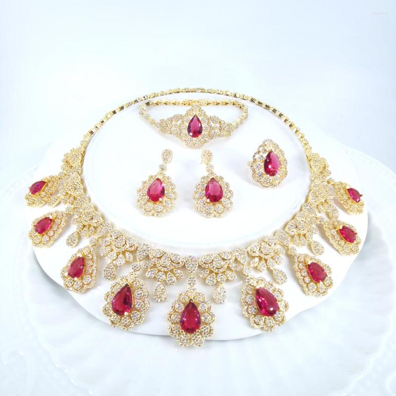 

Necklace Earrings Set 2023 Fashion Retro Red CZzircon Golden Earring Bracelet Ring Wedding Bridal Banquet Dinner Dressing Jewelry, Picture shown