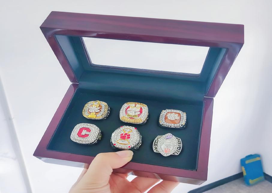 

6 pcs Clemson Tigers National Championship Ring Set With Wooden Display box solid Men Fan Brithday Gift Whole 2019 Drop Shippi2954364