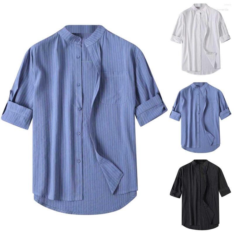 

Men's T Shirts Men's Sleeve Blouse Male Casual Striped Roll Up Shirt Stand Collar Half Pocket Men Short Sleeved Workout Tops, Black