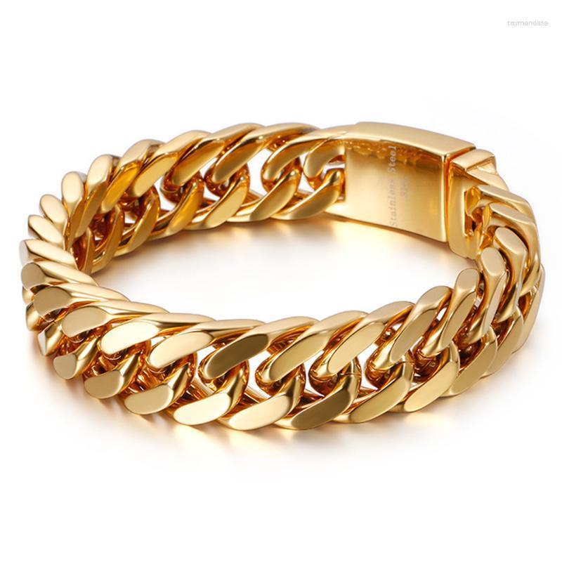 

Link Bracelets Chain Fashion Hip Hop Gold Color Stainless Steel Curb Bracelet Double Buckle Gift For Mens Women Boys Jewellery 15mmLink