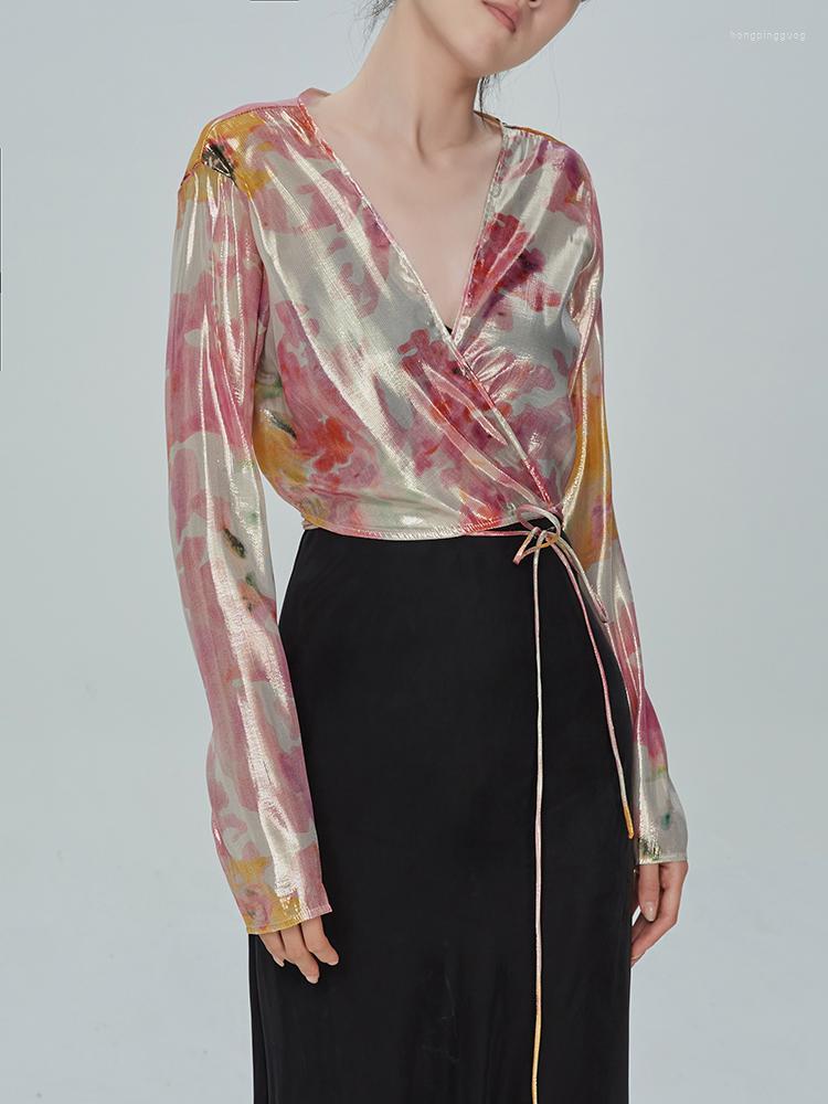 

Women's Blouses Pink Colorful Silk Blended Open Front Small Women Shirt Top