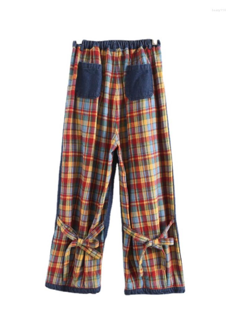 

Women's Jeans Original Niche Design Denim Straight-leg Pants Plaid Stitching Cowboy Bow Elastic Waist Full Length Preppy Style, Blue