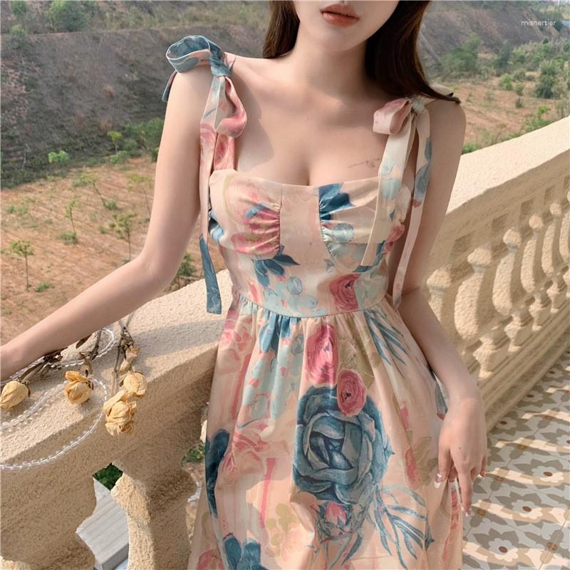 

Casual Dresses 2023 Summer Super Fairy Bowtie Strap Dress French Vintage Floral Print Korean Beach Long NS5681, Beige