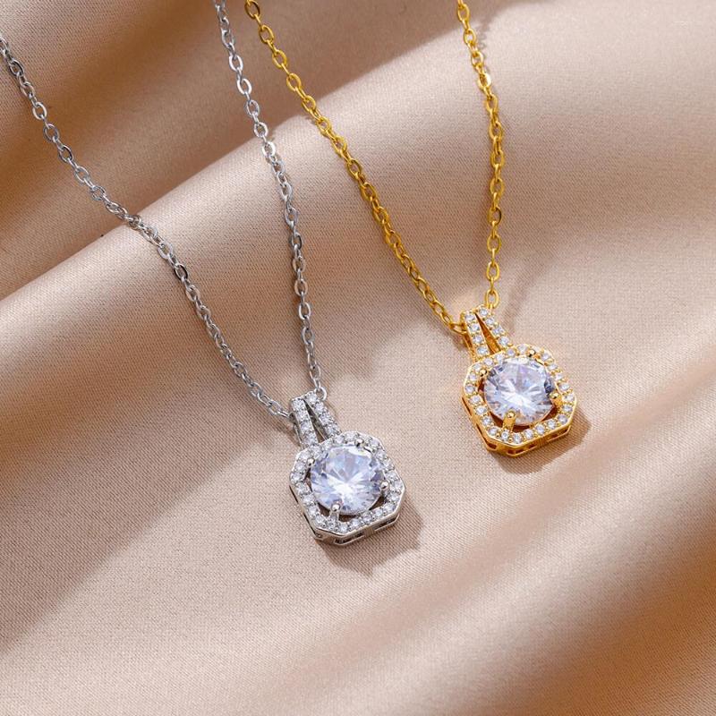 

Pendant Necklaces Luxury Zircon Crystal Clavicle Chain Necklace For Women Kpop Fashion Stainless Steel Wedding Party Female Shiny Jewelry