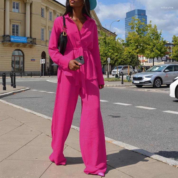 

Women' Two Piece Pants COZOK 2023 INS High-end Casual Young Chiffon Sweet 1 Bikini Top Solid Full Sleeve Long Wide Leg Women 3 Set, Rose red