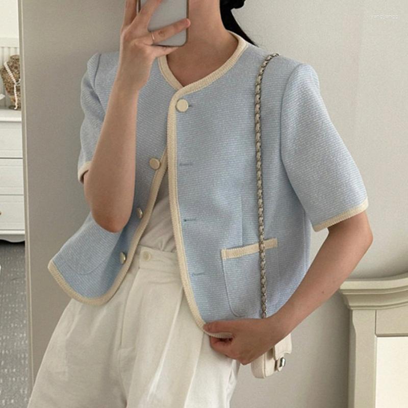

Women's Jackets Gentle Simple Soft Blue Round Neck Female Jacket Contrast Color Loose All-match Tops 2023 Summer Short Sleeve Woolen Coat