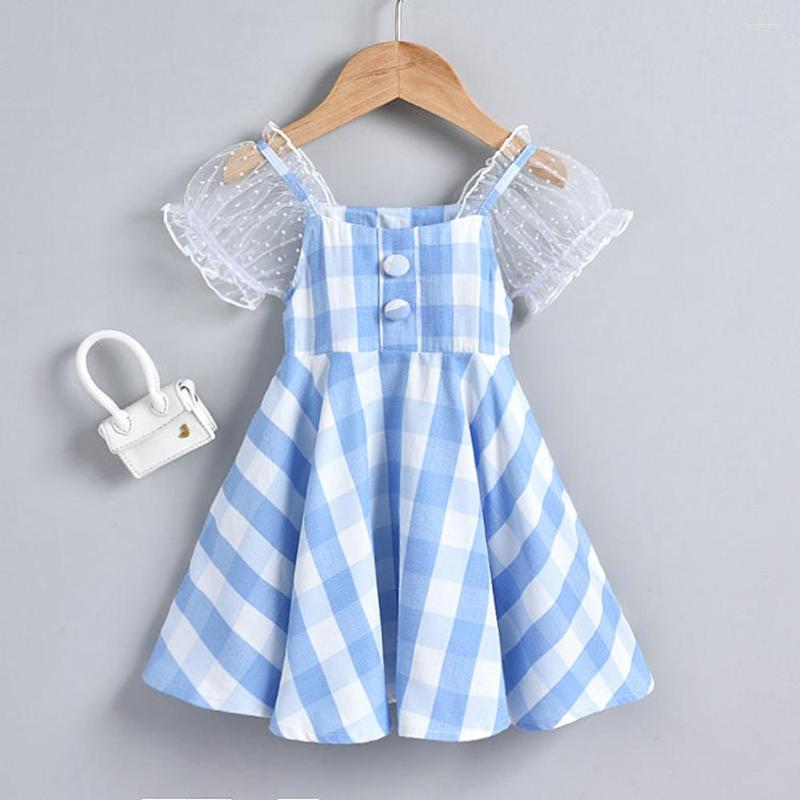 

Girl Dresses 2023 Girls Summer Plaid Dress Baby Kids Short Sleeved Puff Mesh Birthday Party Children Clothes Outfits, Blue