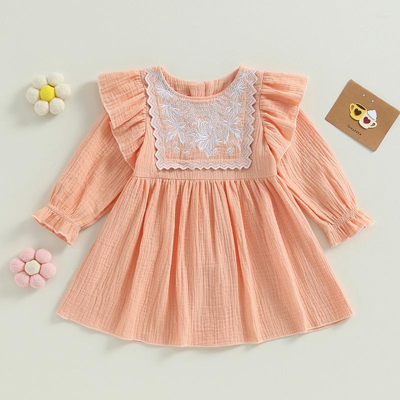 

Girl Dresses Listenwind 6M-4Y Toddler Dress Long Sleeve Crew Neck Embroidery Flower A-line For Casual Daily, Orange pink