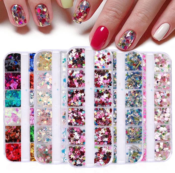 

12 GridsBox Laser Decals Heart Star Spangles Ultrathin Nail Sequins Flakes Rhinestones Jewelry Accessories Paillettes for DIY De6066919, Multi