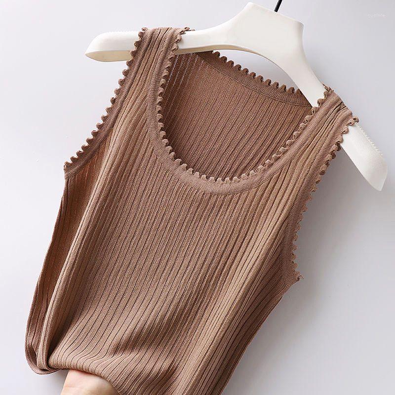 

Women's Tanks Ice Silk Lady Vest Women V Neck Fashionable Lace Sexy Back Sleeveless Waistcoat Bottoming Knit Top Korean Fashion Clothing G39, Khaki