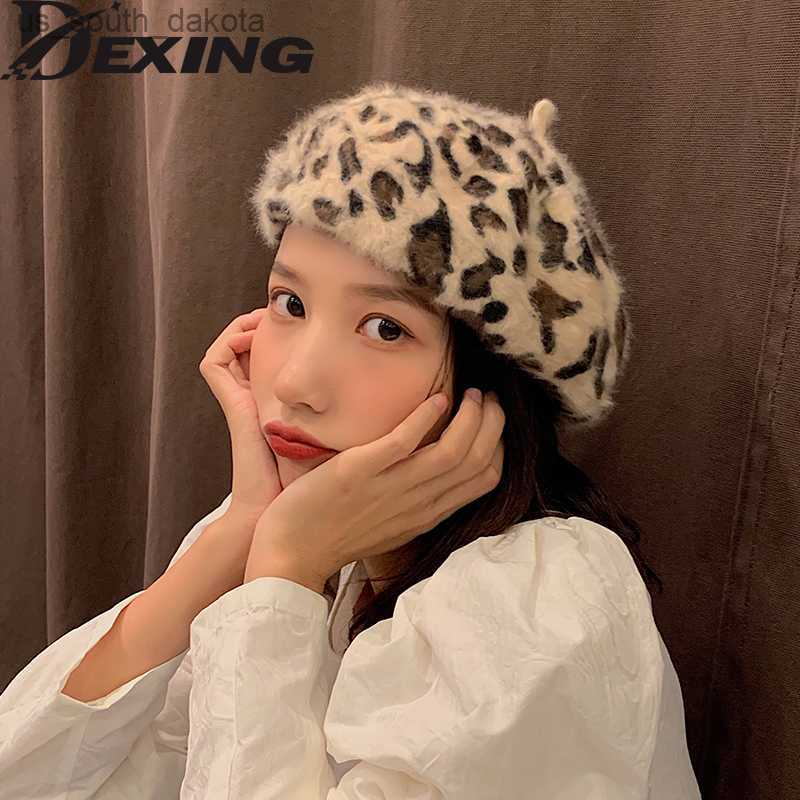 

autumn Winter Women Fuzzy Leopard Berets Warm Rabbit fur beret Fashion Walking Cap L230523, Camel