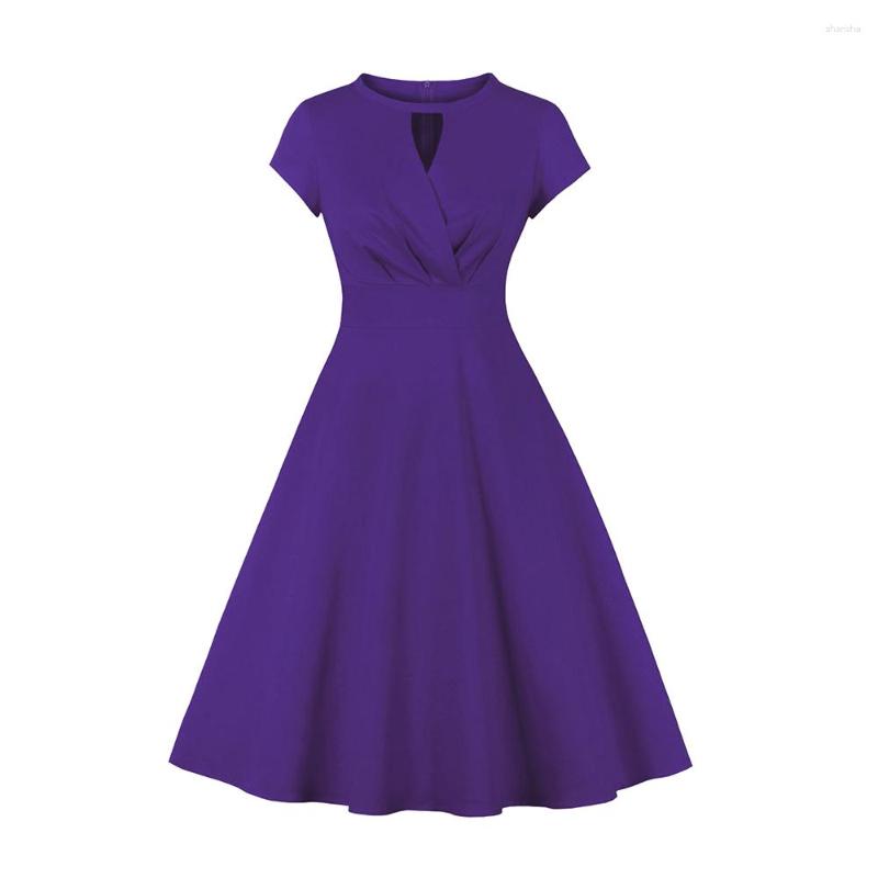 

Party Dresses Fashion Vintage Dress Solid Color Short Sleeve V Neck High Waist Midi Red Blue Purple Summer For Women VD3666