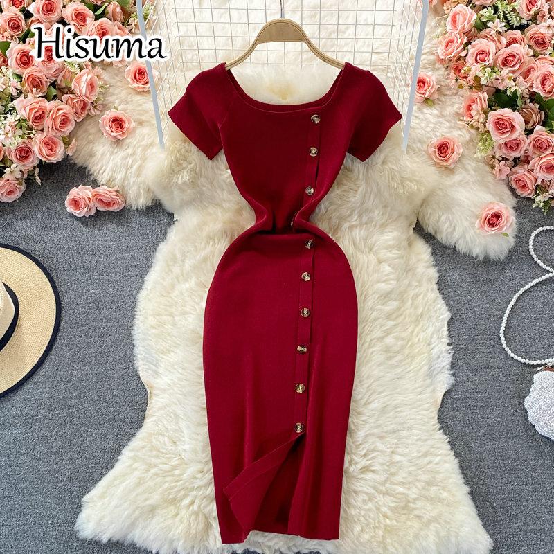 

Party Dresses 2023 Autumn Women's Chic O-neck Single Breasted Split Knitted Sheath Female Retro Slim Sweater Dress, Khaki
