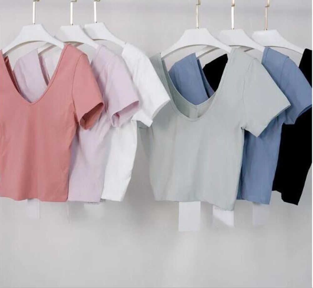 

lulus Women's Yoga Sports Short Sleeve Sexy Tight Crop Top T-shirt V neck U Back Beauty Back Fitnessq