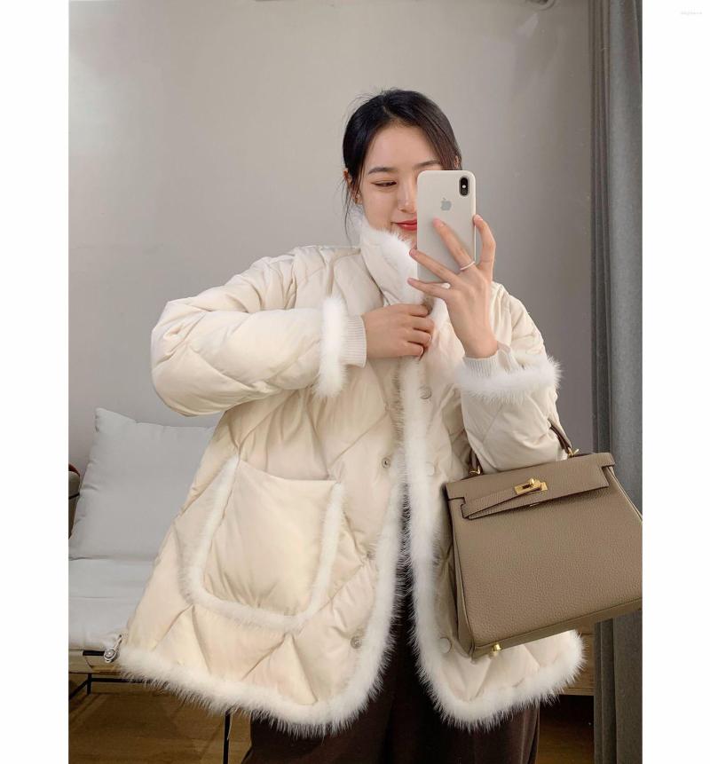 

Women' Down Off Season Welfare Luxury Beauty Comfort Mink Wool Stitching 90 White Duck A-line Silhouette Short Jacket For, Beige
