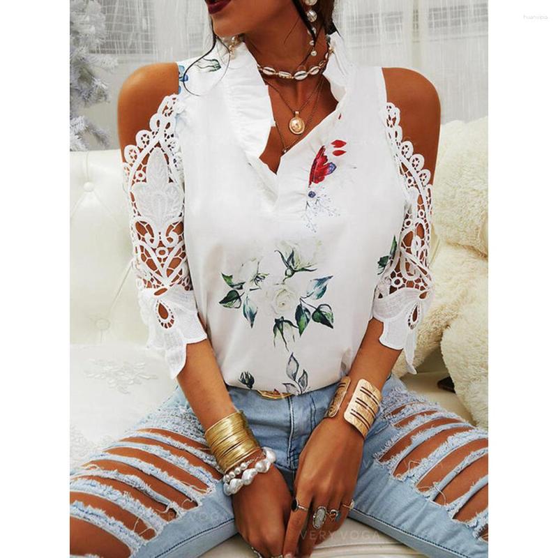 

Women's Blouses 2023 Summer Fashion Office Off Shoulder Blouse Elegant Lace V-Neck Slim Women Shirt Commuter Print Top Blusas Femininas, Pink