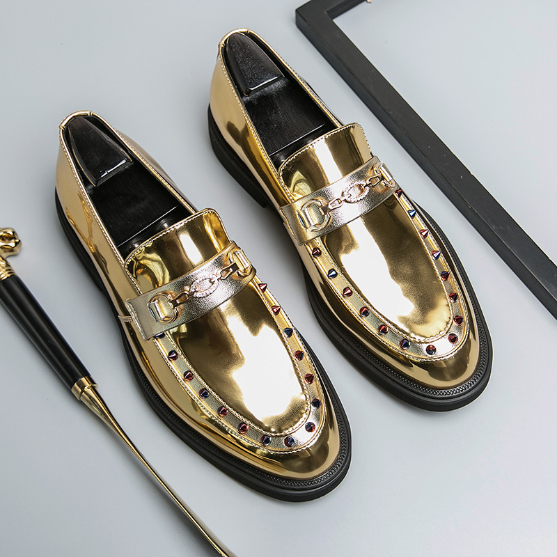 

Spring Luxury Fashion Golden Mens Dress Shoes Rhinestones Bright Designer Leather Shoes Men Slip-on Brand Leather Shoes for Men, Black a85
