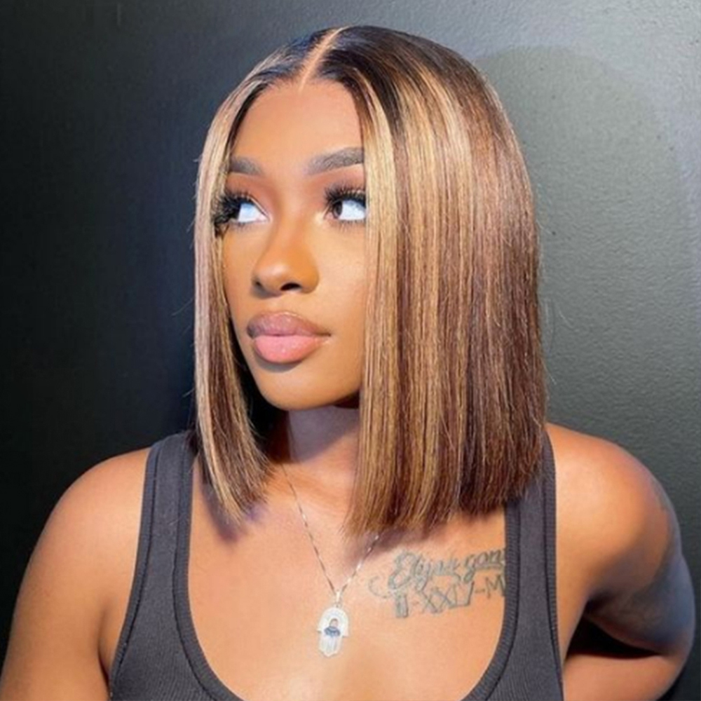 

Short Bob Wig Human Hair for Women Brazilian 4x1 T Part Lace Wig P427 Blonde Colored Wig Preplucked 150 Density Straight Bob Wig, Brown
