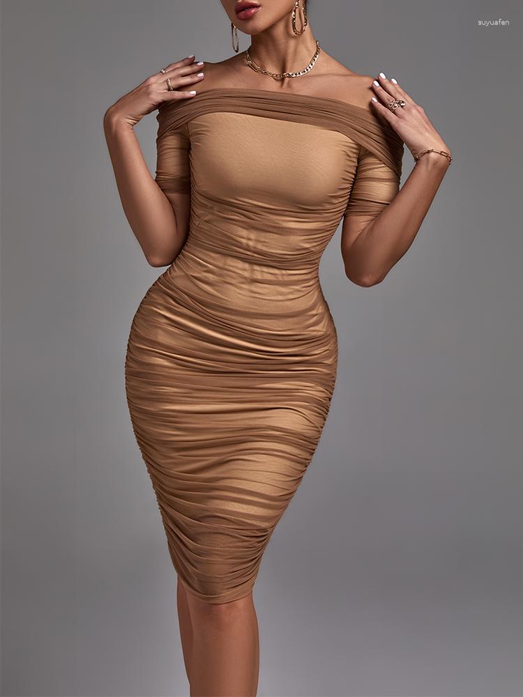 

Casual Dresses Mesh Party Dress 2023 Women's Brown Bodycon Elegant Off Shoulder Sexy Evening Club High Quality Summer Outfits