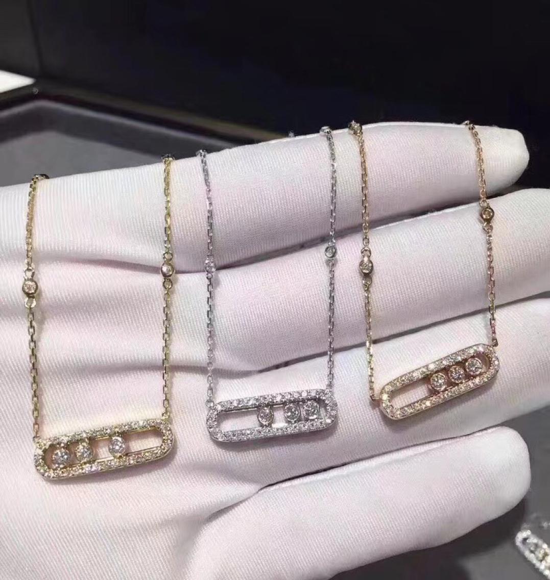 

925 Sterling Silver crystal Slide Stone necklace charm three round drill move stone pendant famous brand jewelry silver8059182