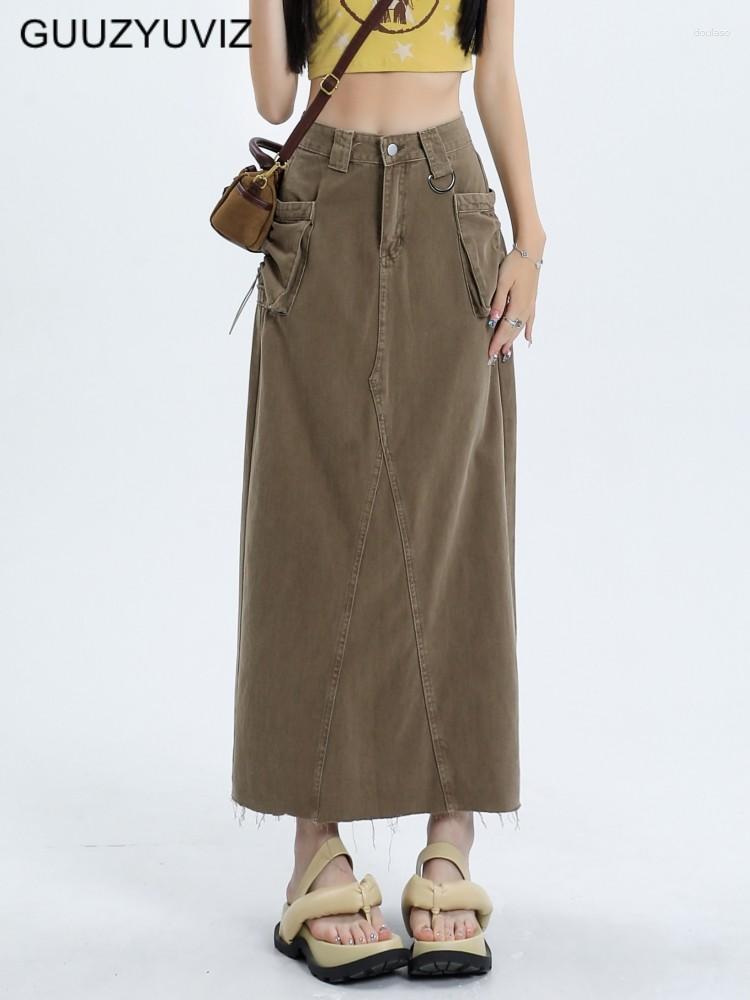 

Skirts GUUZYUVIZ Summer Split Vintage Drawstring Pocket Long Skirt Woman High Waist A Line Jean For Ladies, Coffee