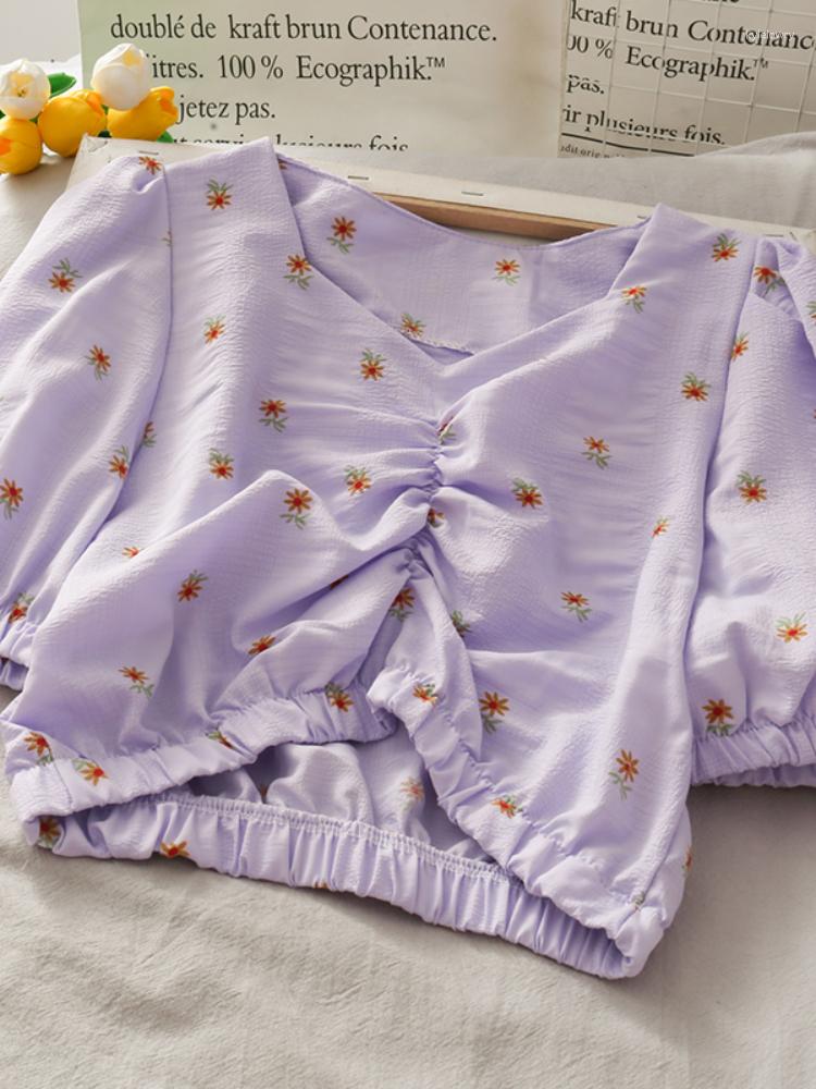 

Women's Blouses Sweet Crop Top Women Summer Elegant V Neck Pullover Purple Shirts Slim Short LadiesTops Puff Sleeve Blouse, Green