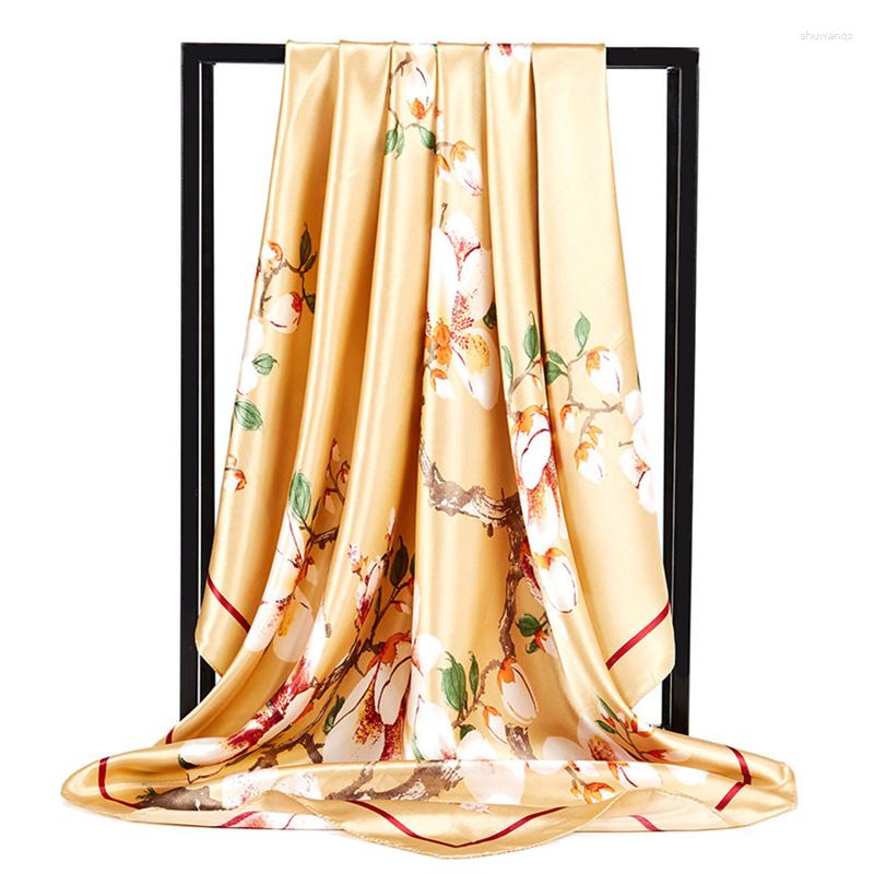 

Scarves Square Silk Scarf Women Flowers Foulard Shawl Scarfs Big Size 90 90cm Bandana Hijab Head Satin