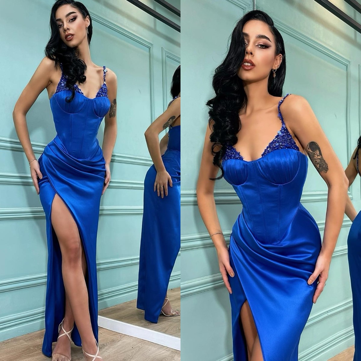 

Sexy Royal Blue Prom Dresses Sequins Straps Evening Gowns Slit Pleats Formal Red Carpet Long Special Occasion dress, Customize