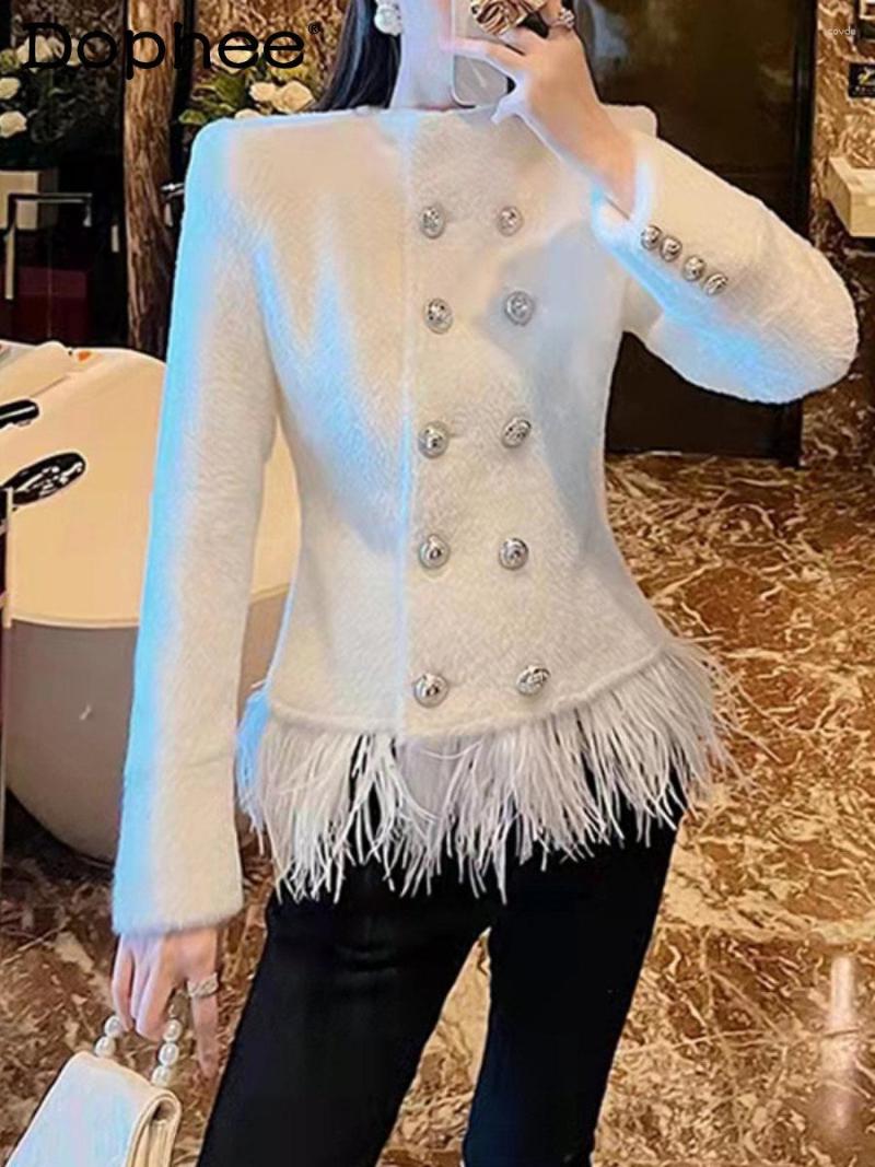 

Women' Jackets White Tassel Feather Woolen Coat Women Autumn Winter Elegant Socialite Double-Breasted High-Grade Versatile Cashmere Jacket