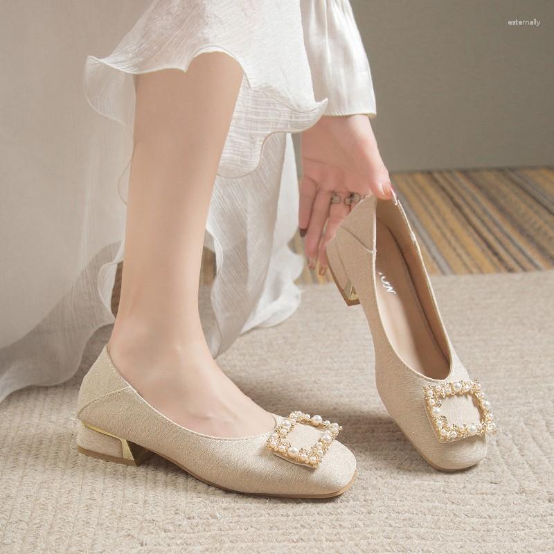 

Dress Shoes Women's 2023 Summer Fashion Pearl Round Toe Mid-heel Shallow Rhinestone Low-heeled Flat Bridal, Apricot