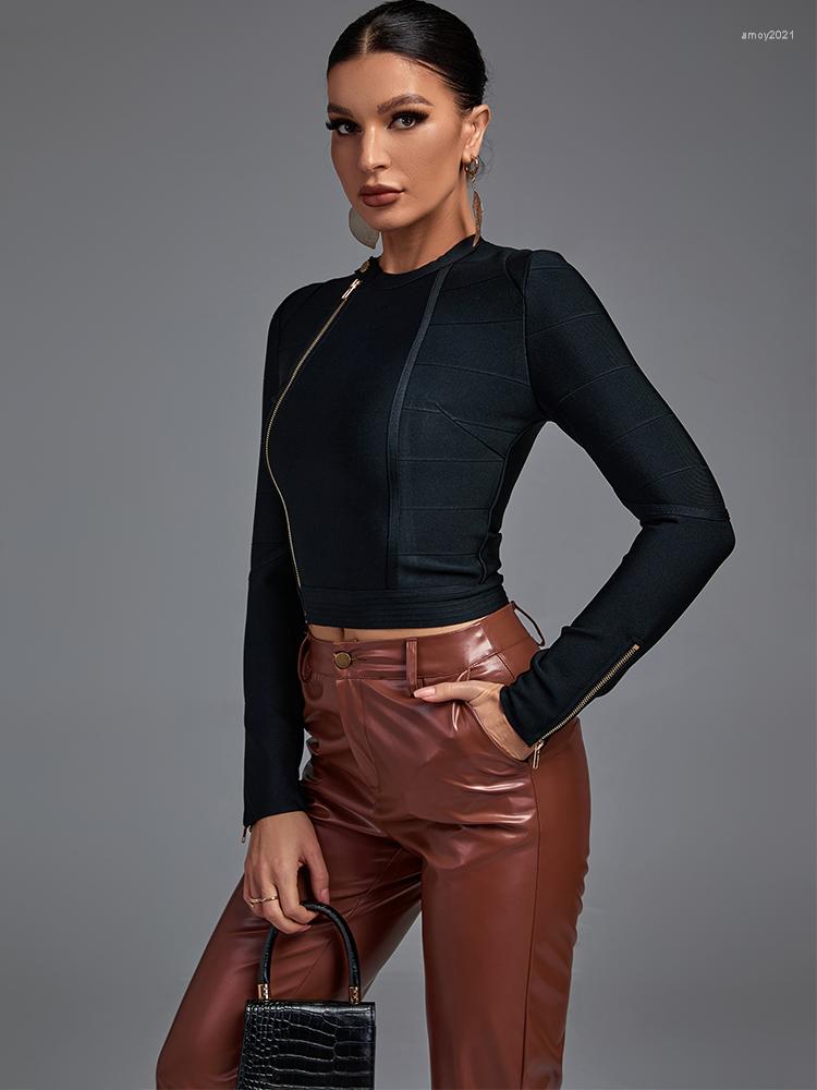 

Women's Jackets Long Sleeve Bandage Top Jacket Women Black Bodycon Casual Zip Front Evening Party Coat 2023 Autumn Winter Arrival