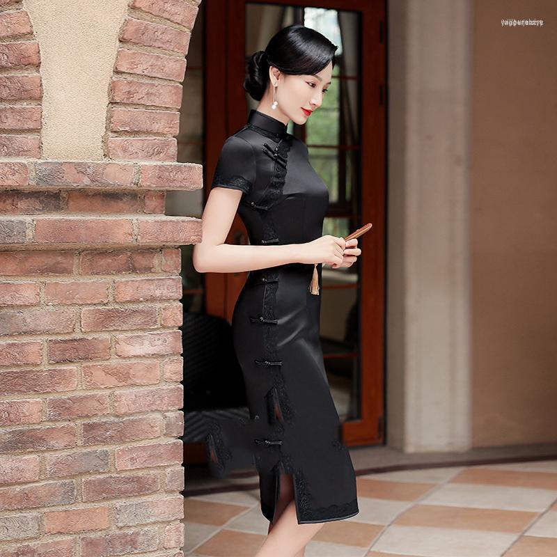 

Ethnic Clothing Chinese Style Women Summer Black Silk Vintage Traditional Qipao Dress Plus Size Cosplay Elegant Cheongsam Dresses