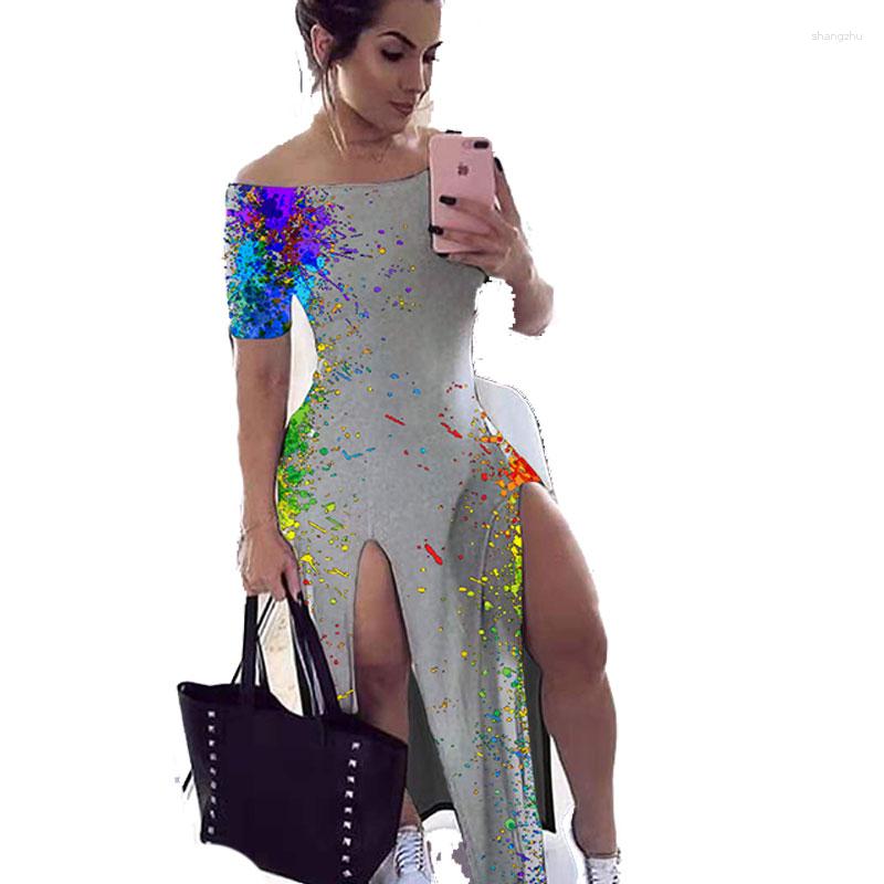 

Party Dresses Summer Digital Long Dress Casual Women Off Shoulder Maxi High Split