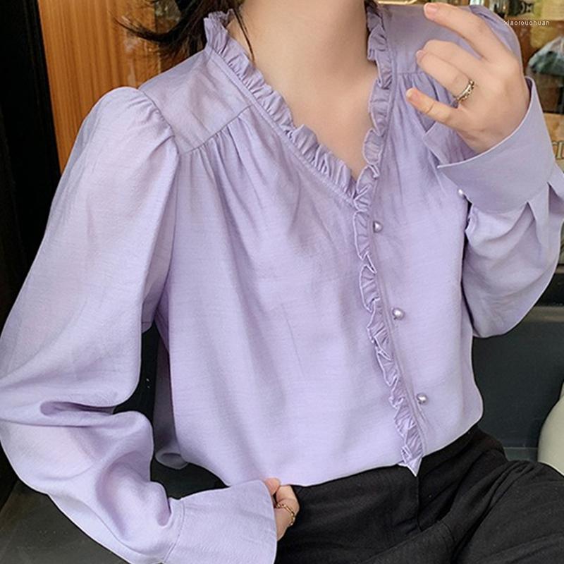 

Women' Blouses Long Sleeve V-neck Chic White Shirt Women Fashion Tops Casual Ruffle Office Button Shirts Elegant Women' Clothing 19626, Purple