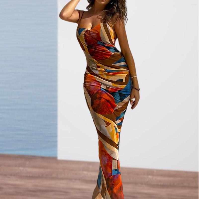 

Casual Dresses Lady Spaghetti Strap Long Dress Fashion Printing Slim Fit Retro Vintage Aesthetic Sweetheart Neck Elegant FairycoreFormal, Multicolor