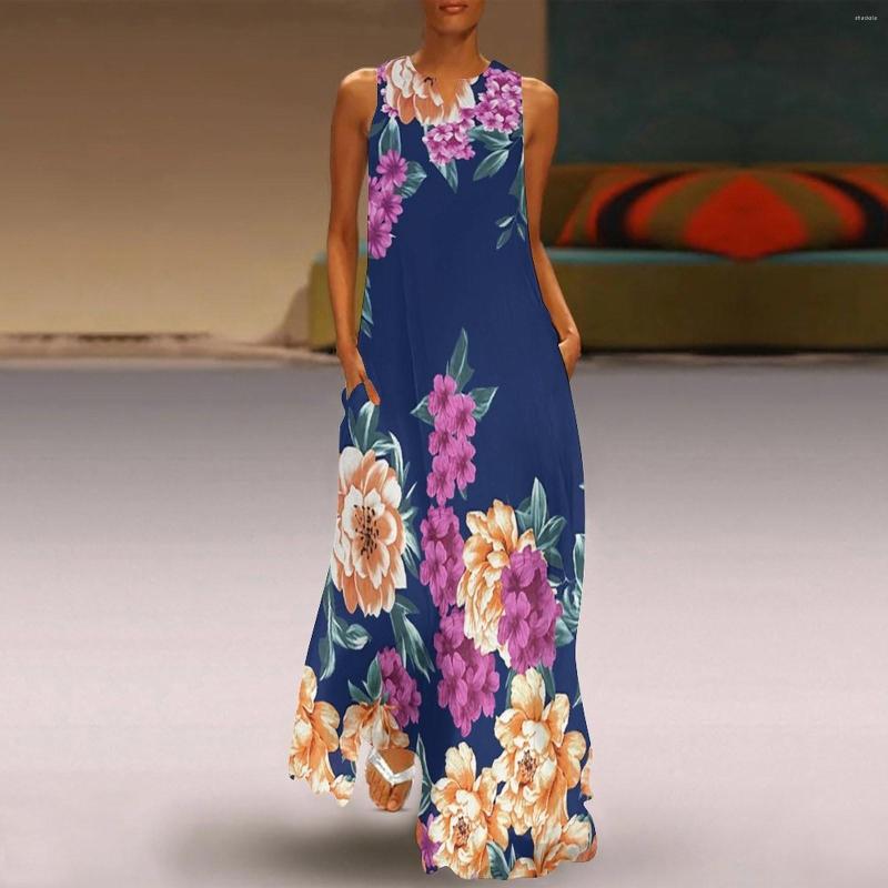 

Casual Dresses In Summer For Women 2023 Loose Elegant Long Dress Sleeveless Split Beach Floral Vestidos Para Mujer, Blue
