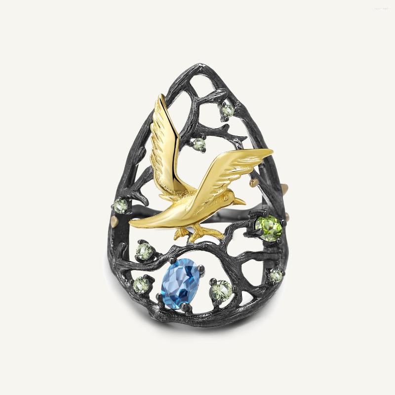 

Cluster Rings GEM'S BALLET 925 Sterling Silver Handmade Bird On The Tree Gemstones Ring 0.6Ct Natural Swiss Blue Topaz For Women Bijoux