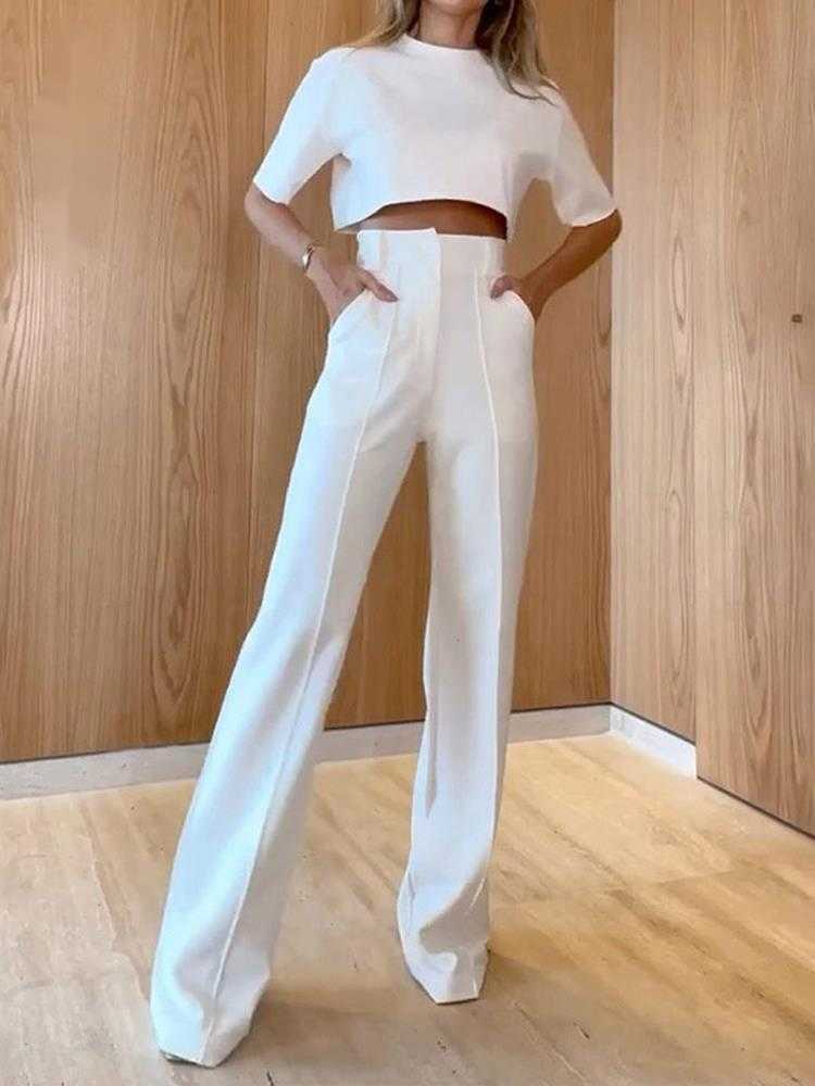 

Womens Two Piece Pants Women Round Neck Short Sleeve Suit Fashion Solid Top Loose With Pockets Sets Female Elegant Streetwear Outfits 95265, Purple