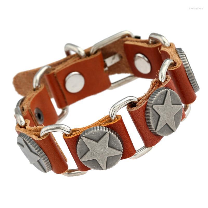 

Link Bracelets Fashion Punk Casual Unisex Vintage Retro Star Charms Genuine Leather Belt Wristbands Adjustable Bangle Men