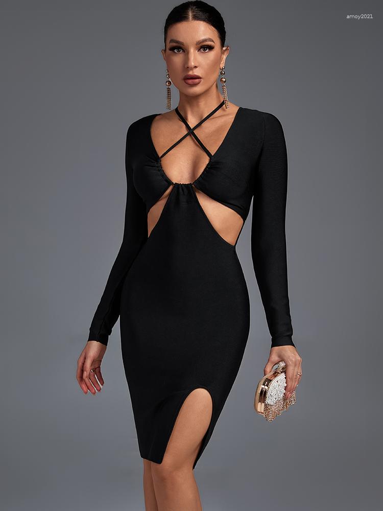 

Casual Dresses Long Sleeve Bandage Dress Black Bodycon Evening Party Elegant Sexy Cut Out Birthday Club Outfit 2023 Autumn Winter