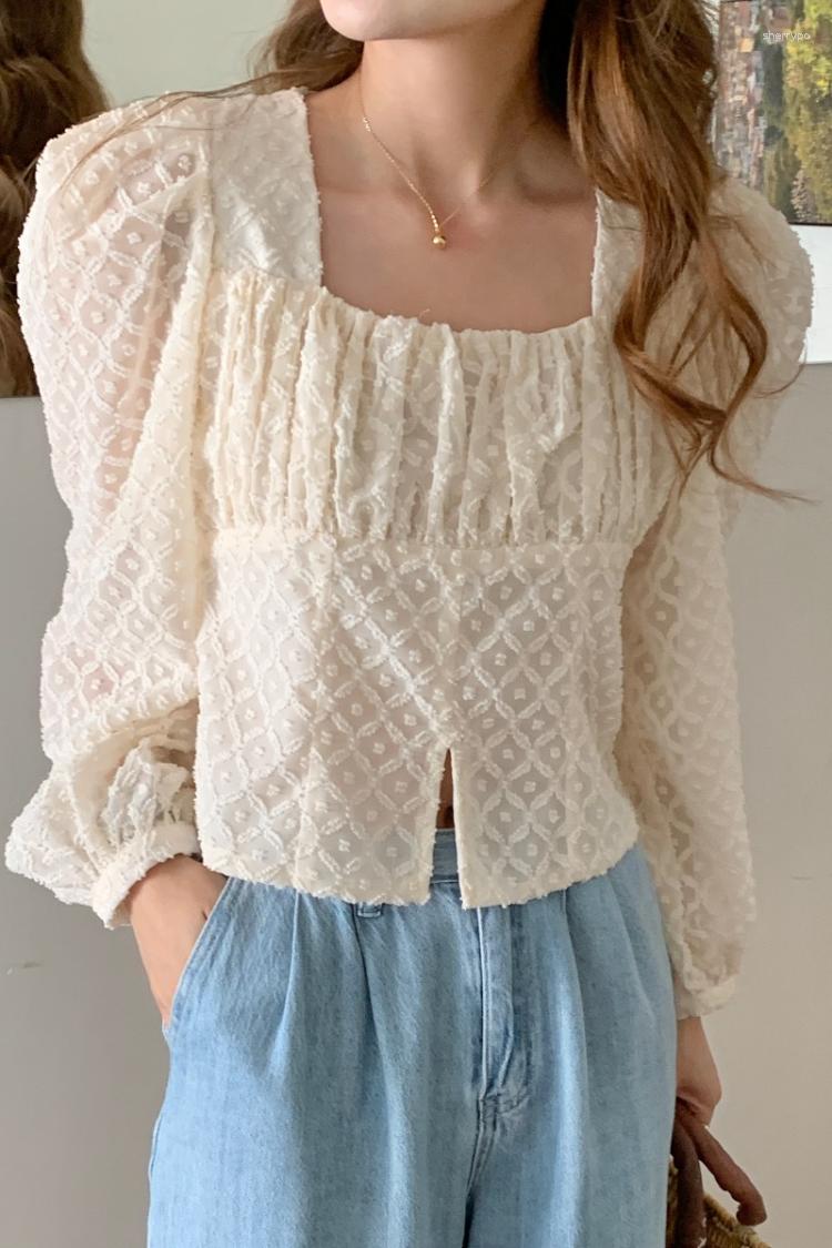 

Women' Blouses Korobov Summer Sweet French Shirts Square Collar Long Sleeve Female Slim Crop Top Korean Fashion Camisas Y Blusas, Apricot