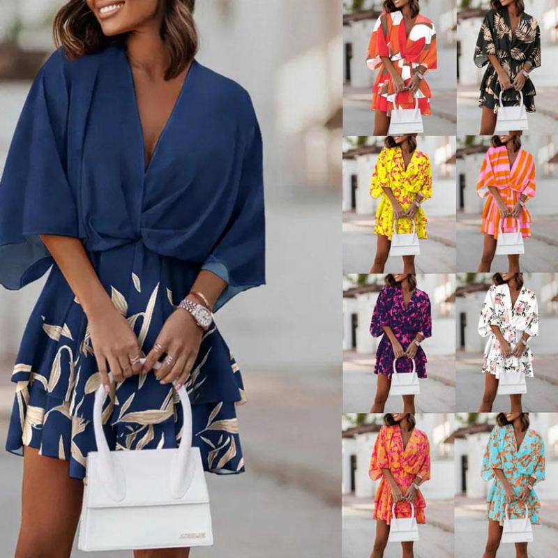 

Casual Dresses Bat Sleeve Flowers Print Sundress Sexy V-neck Fashion Batwing Loose Beach Dress For Elegant Boho Holiday