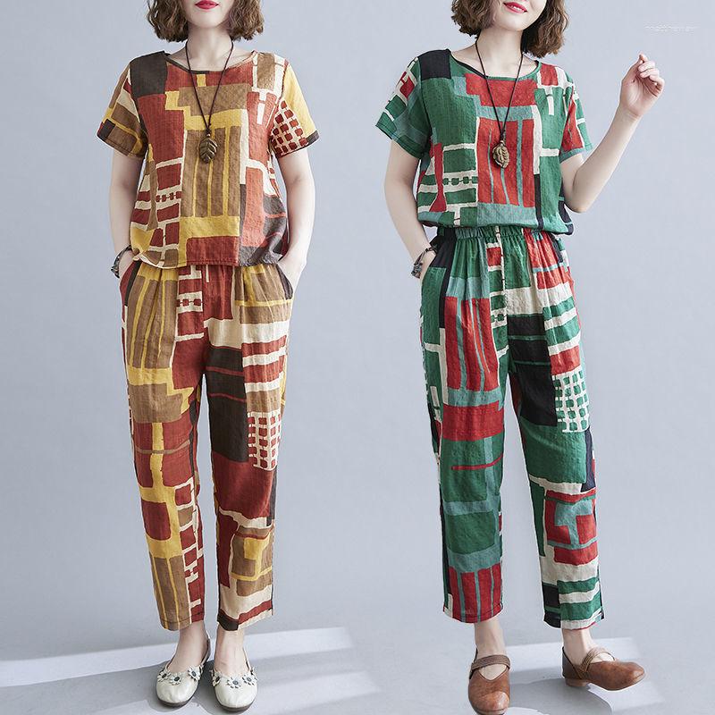 

Women's Two Piece Pants Women 2023 Summer Thin Soft Cotton Linen Loose Clothes Set Tops And Casual Sets Vintage Plaid Fashion Suits M02, 8916 yellow