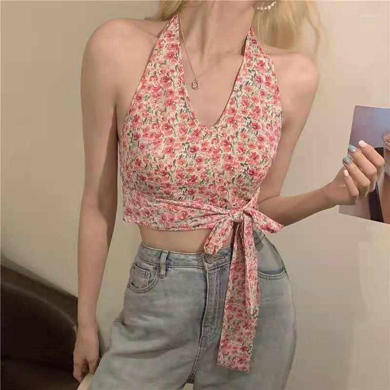 

Women's Tanks Sexy Y2k Summer Korean Fashion Floral Vintage Party Club Ladies Crop Tops Bow Chic Slim Sleeveless Women Streetwear Est, Blue