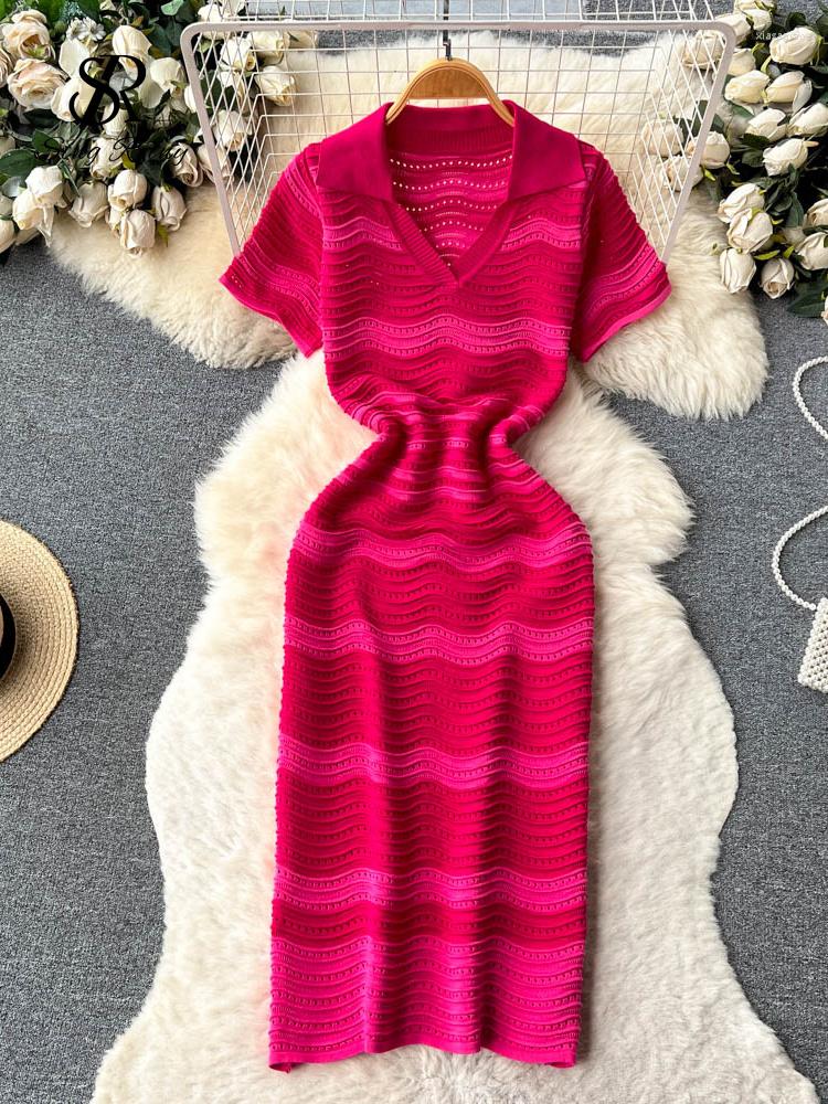 

Party Dresses SINGREINY Short Sleeves Striped Long Dress Lapel Neck Hollow Out Slim Bodycon Sundress Fashion Sweet Knitted Beach Midi, Rose