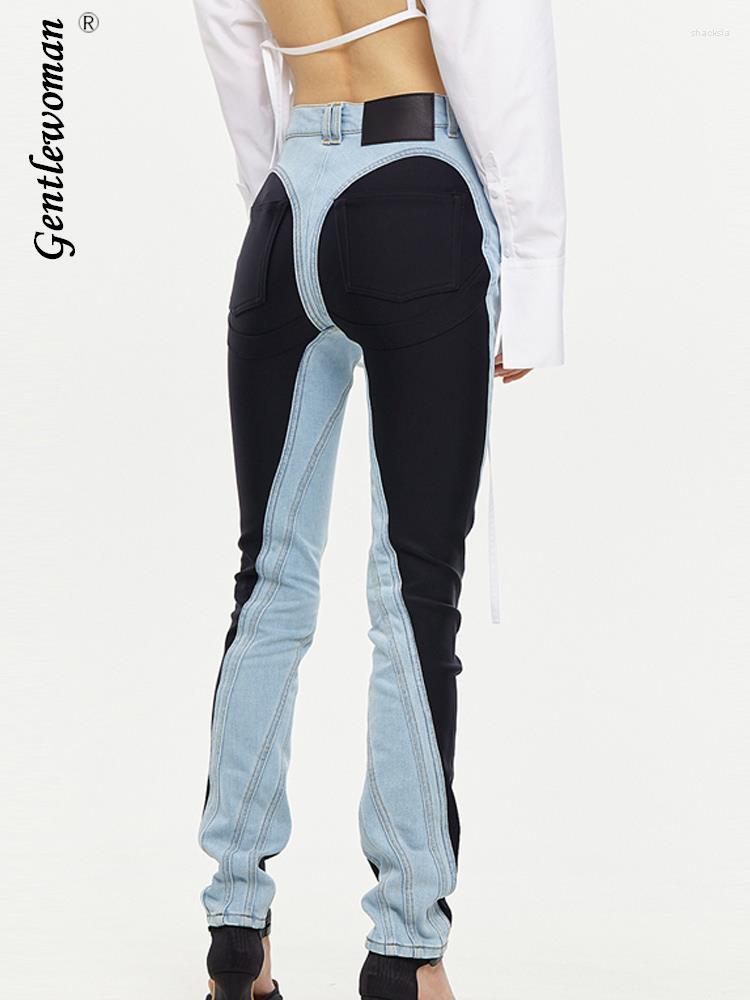 

Women' Jeans Fashion Patchwork Straight Women Casual Blue Black Panelled High Waist Slim Denim Pencil Pants Female 2023 Chic Streetwear