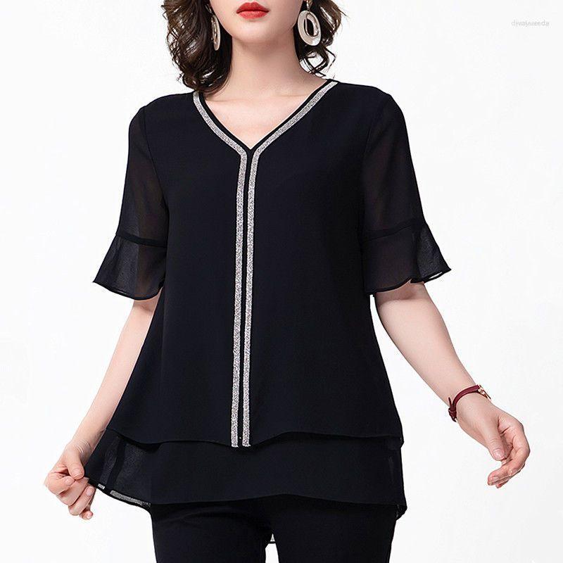 

Women' Blouses Women' Women' Clothing Solid Color Blouse Stylish Bright Line Decoration Casual V-Neck Patchwork Summer Butterfly, Black